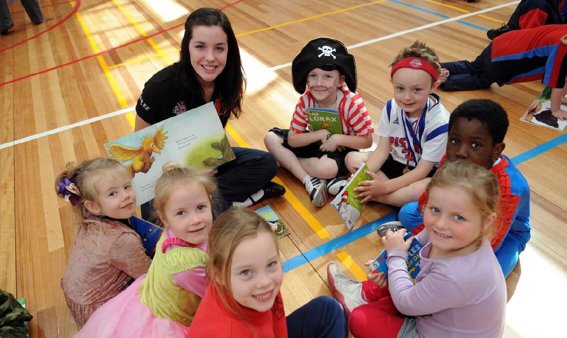 Clockwise from Kailee O'Beirne, Tarkyn Benbow, Brodie Tepper, Jesse Ombega, Trinity Dickerson-Niewand, Samara Murray, Emmerson Lawes and Ulani Hobbs. at Horsham Primary School Literacy and Numeracy week.