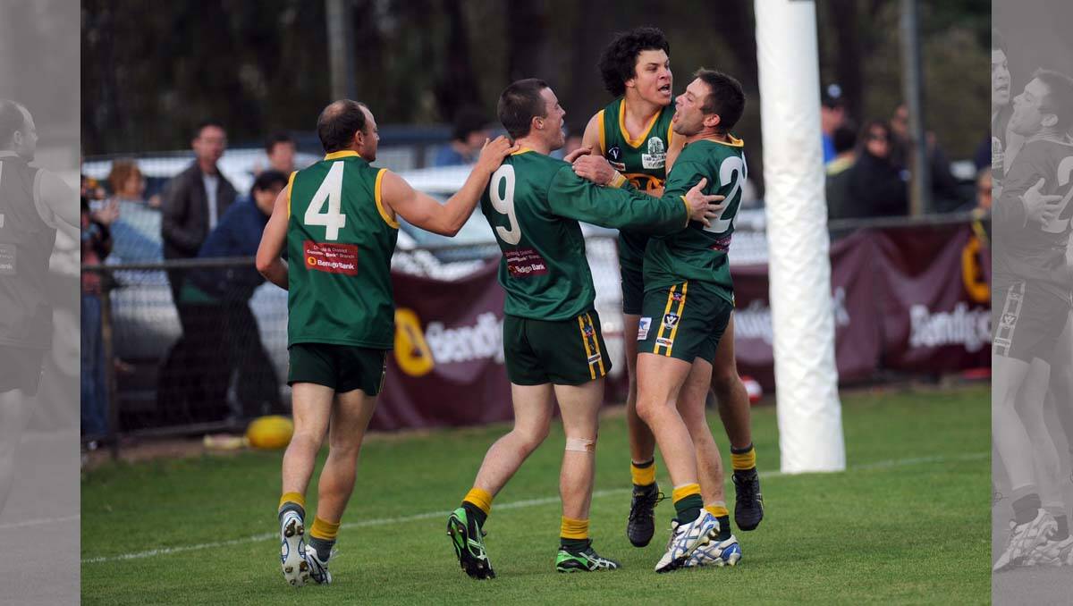 Ash Avery, Hamish Exell, Lachie Exell and Ash Clugston celebrate. Wimmera Football League grand final at Davis Park, Nhill. 