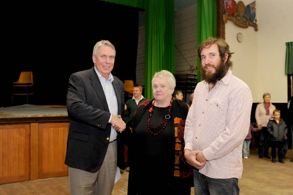 Member for Swan Hill Peter Walsh congratulates Rupanyup Memorial Hall president Val Hemphill with Yarriambiack Shire councilor Ray Kingston. Picture: SAMANTHA CAMARRI 