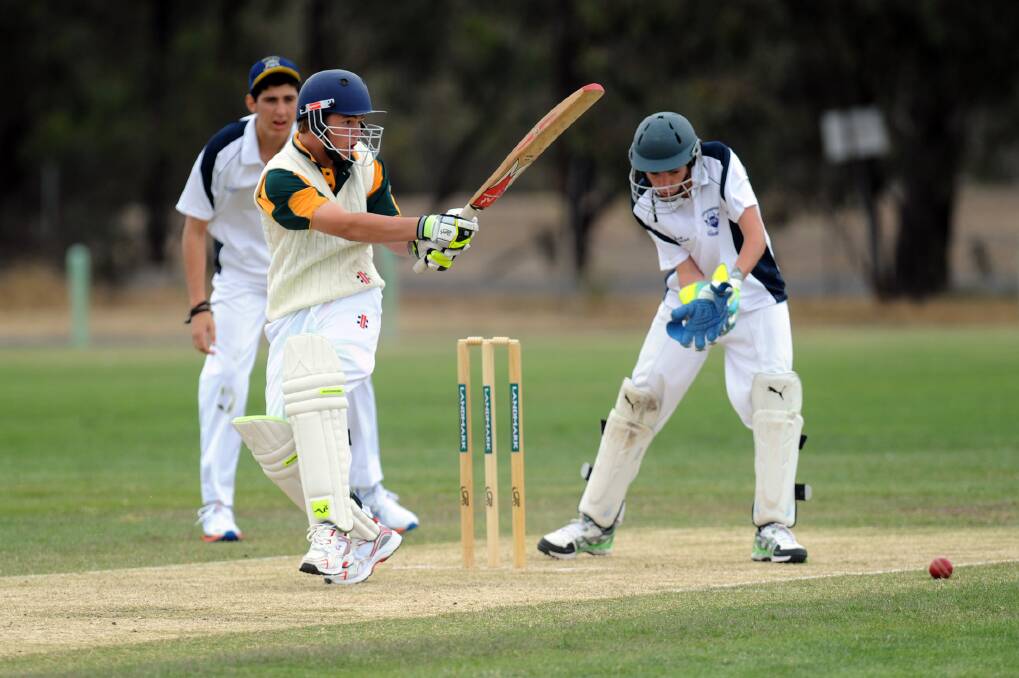 LEG SIDE: Donald cricketer Jordan Murray whips one off his pads for Wimmera-Mallee on his way to 24, as Warrnambool Blue keeper Matt Dennis watches on. Picture: PAUL CARRACHER.
