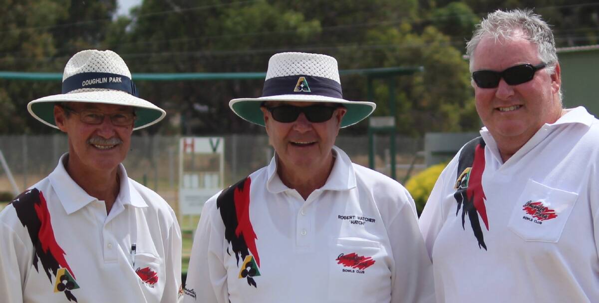 FINALISTS: Coughlin Park Bowls Club singles champion Peter Nixon, right, is congratulated by runner-up Robert Hatcher, middle, and marker Bob Pritchett, left, after his win. Picture: CONTRIBUTED
