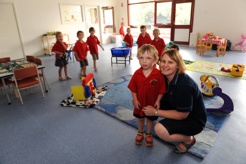 SPACE TO PLAY: Kaniva Kindergarten teacher Samantha Wallis with Fraser Hiscock, 4, in the new Kaniva childcare and playgroup room. Picture: PAUL CARRACHER