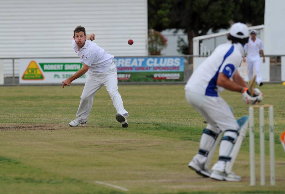 IN FORM: Mark McPherson of St Mary’s sends one down against Brim-Kellalac- Sheep Hills. St Mary’s are sitting pretty at the top of the Wimmera- Mallee Cricket Association ladder with no losses to date. Picture: PAUL CARRACHER