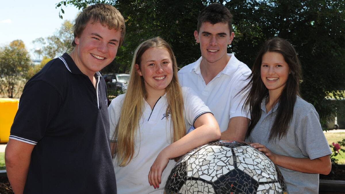 HARD WORKER: Murtoa College vice-captain Tayla Morgan, right, with fellow vice-captain Nathan Murphy and school captains Stephanie Schmidt and Riley Marsh, scored an ATAR of 98.7. Picture: PAUL CARRACHER