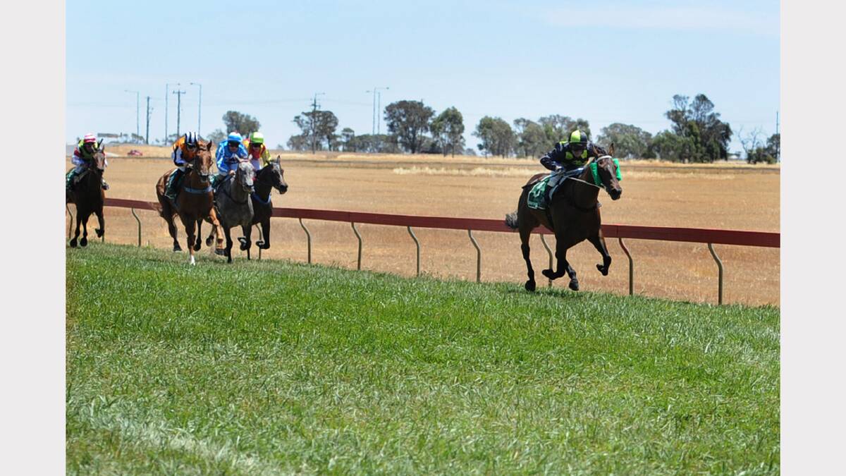 RACING: Lady of Troy, ridden by Paul Marks, runs first; Rock of the Bay, ridden by Amber Sims, runs second; and Wicked Kiss, ridden by Wayne Kerford, runs third in the Nhill Cup race one Union Hotel Nhill Maiden Plate on Boxing Day.