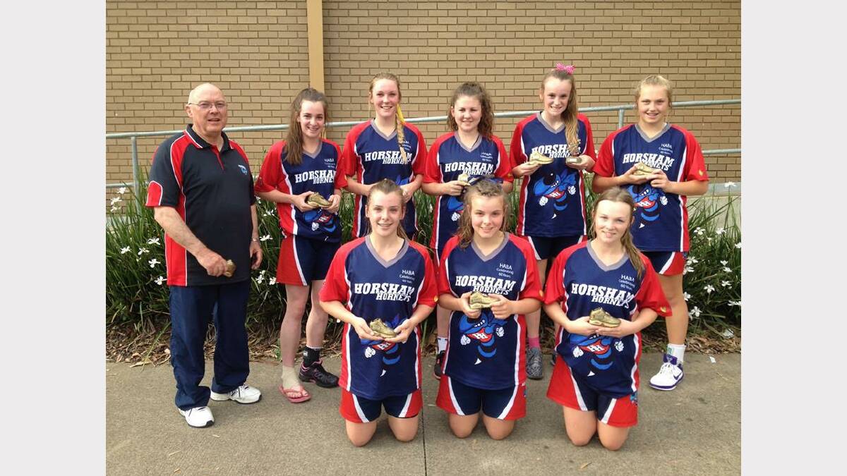 WINNERS: The Horsham girls under-16 squad which won the Shepparton Basketball Tournament, from back left, coach Owen Hughan, Alexandra Hiscock, Sacha McDonald, Hayley Ellis, Faith McKenzie and Ella Bibby; front, Georgia Hiscock, Keely Pope and Aily McAuliffe. Picture: CONTRIBUTED