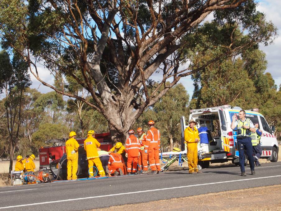 CRASH: A Horsham woman's car ran off the road and hit a tree on the Henty Highway after 4pm on Easter Monday. Picture: CAROLINE TANG