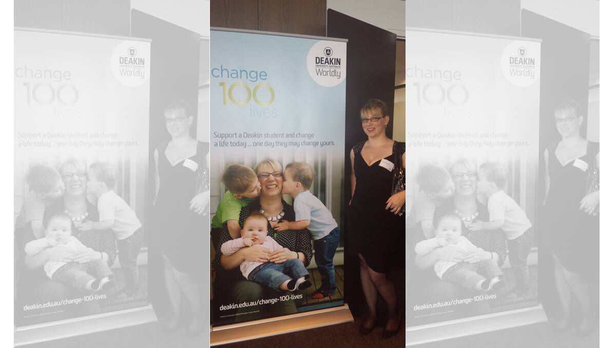 SUPPORT: Horsham’s Christina Simon is encouraging Wimmera residents to apply for Deakin University Scholarships through the university’s Change 100 Lives campaign. Ms Simon is pictured in a poster for the campaign with her children, from left, Will, 4, Mila, 1, and Connor, 2.
