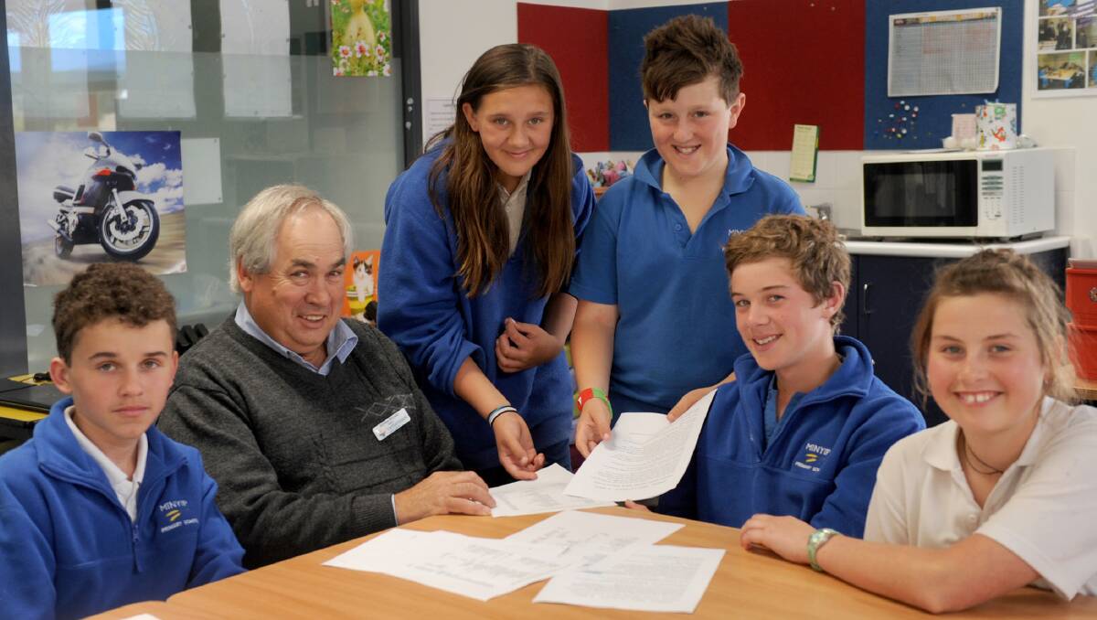 VOICE OF YOUTH: Yarriambiack Mayor Andrew McLean meets Minyip Primary School grade six students Curt Thompson, Lori Young, Jack Pidgeon, Darcy Edgerton and Laura Robbins to discuss the Minyip Show. Picture: SAMANTHA CAMARRI