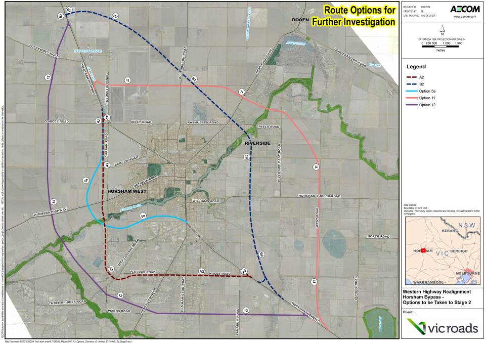 BYPASS: Option B2, in blue, is the option VicRoads has currently selected for the Horsham bypass.