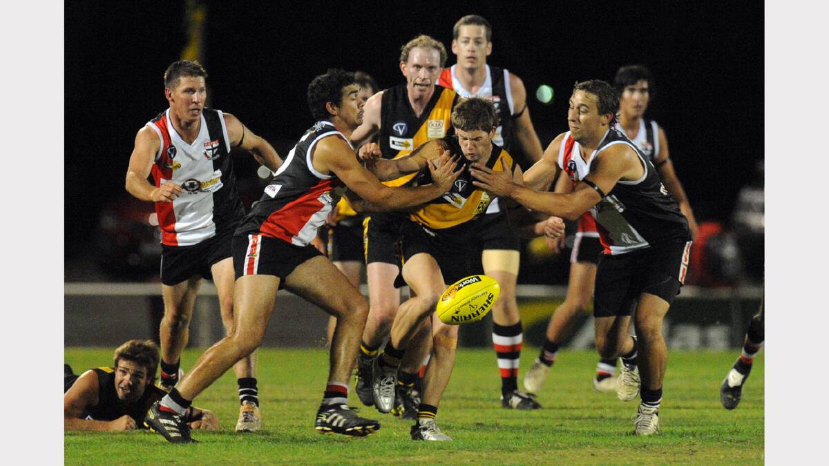 2012: Horsham RSL Digger Brodie Mines gets a kick away during the Anzac Day clash with Horsham Saints.