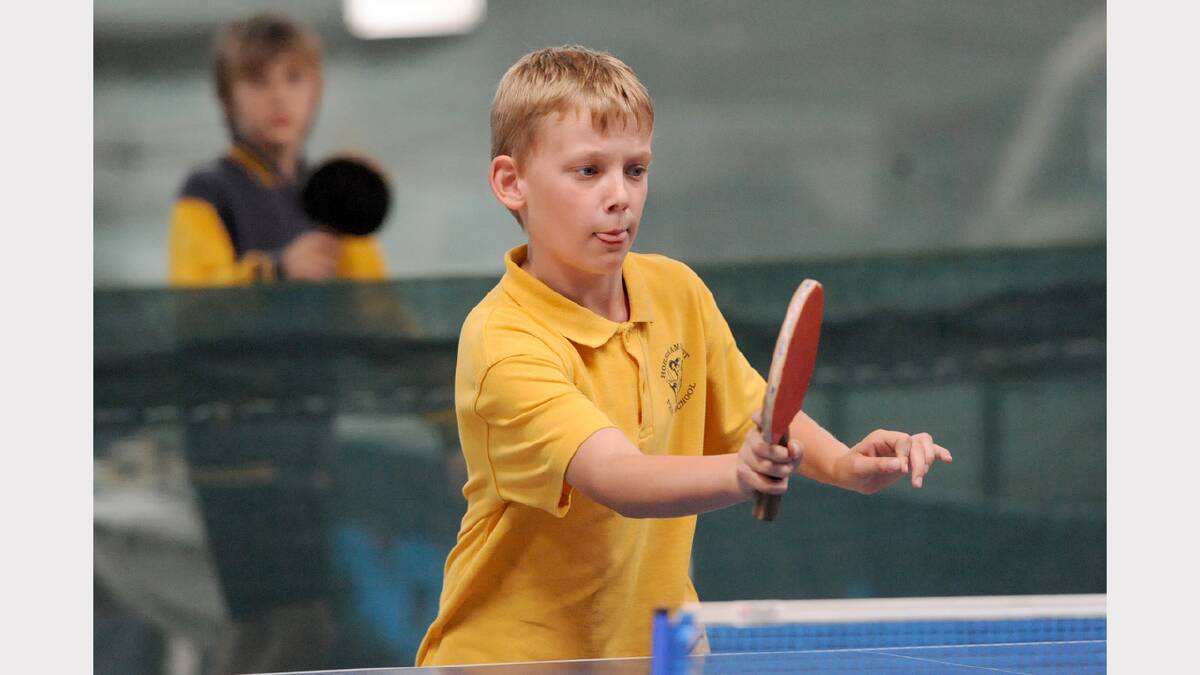 TONGUE OUT: Horsham West Primary School grade five pupil Cody Vigense concentrates during a table tennis day.
