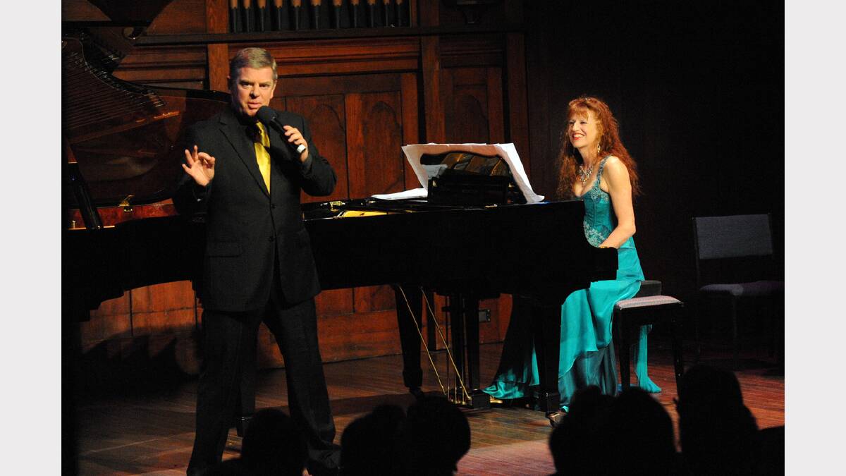 GRAND CONCERT: Two Grands Four Hands compere Christopher McKenna introduces Horsham-born pianist Linda O'Brien. Picture: PAUL CARRACHER