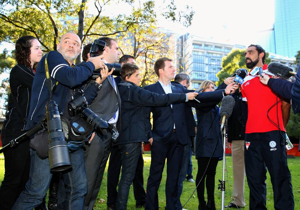 Adam Goodes speaks to the media during an AFL press conference on Saturday. Photo: Getty Images
