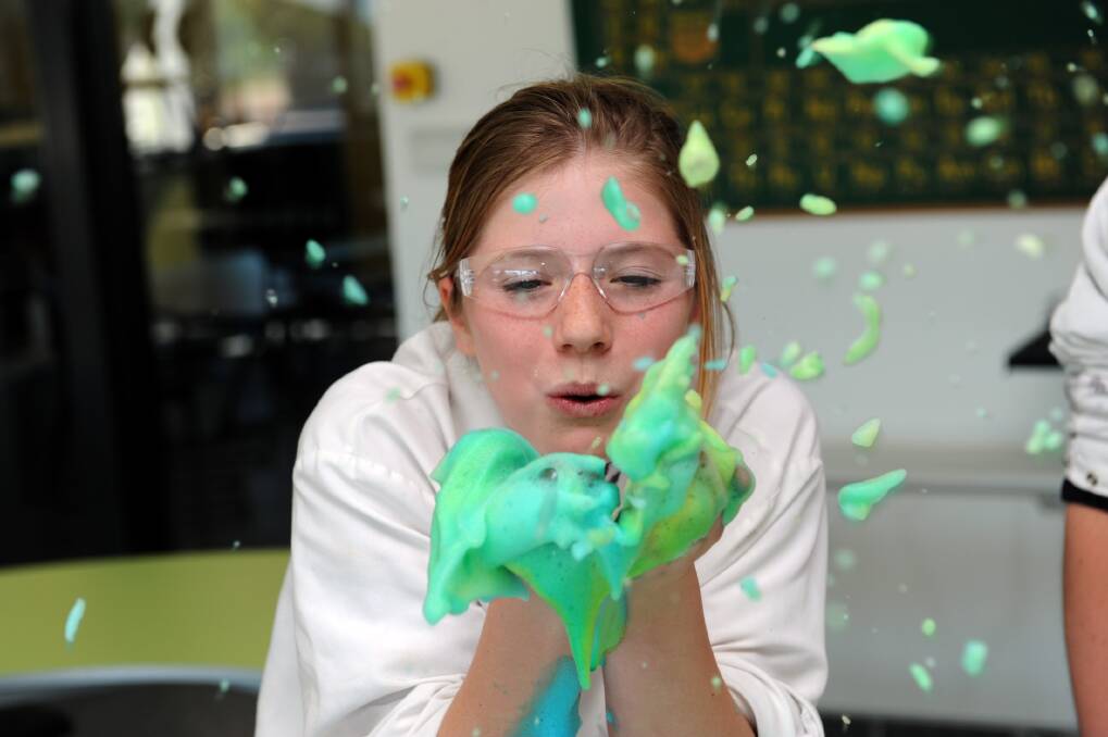 Dimboola Memorial Secondary College student Kelly Summerhayes has fun with science during science week. Picture: PAUL CARRACHER