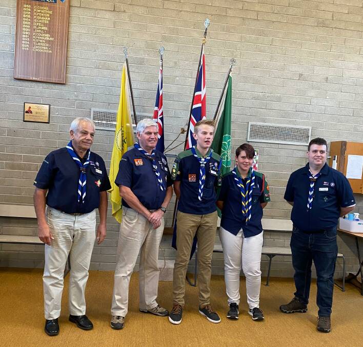 SCOUTS HONOUR: Region Commissioner for Scouts Neil Hunt, Assistant State Commissioner for Scouts Ian Lancaster, State Commissioner for Scouts Matthew Enger, Cody Pollack, Kiara Cooksley and Scouts State Commissioner Mathew Enger. Picture: CONTRIBUTED. 