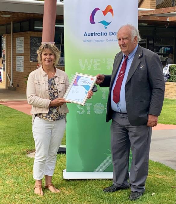 AN HONOUR: Annie Austin being presented her Citizen of the Year Award by West Wimmera Shire Council mayor Bruce Meyer. Picture: CONTRIBUTED.