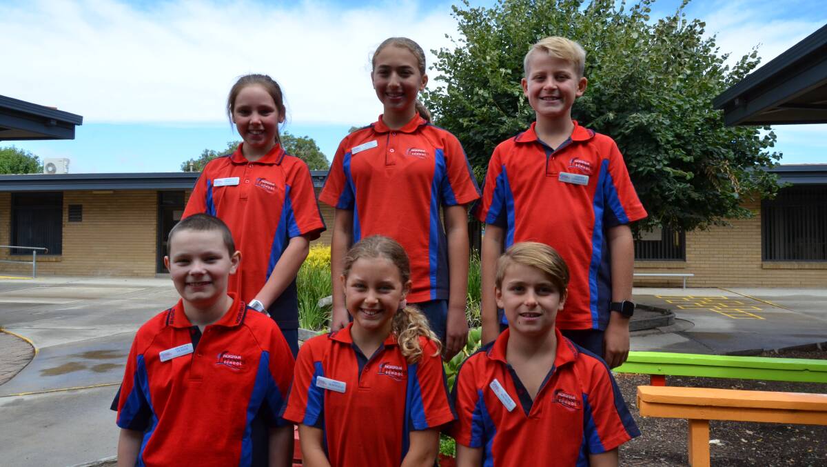LEADERS: Horsham Primary School's captains and vice captains, captains Charlotte Elbourne (Rasmussen campus), Adele Joseph and Jasper Christian (298 campus). Vice captains Duncan Fraser (Rasmussen campus), Pippa McDonald and Henry Walsgott (298 campus). Picture: ALISON FOLETTA.