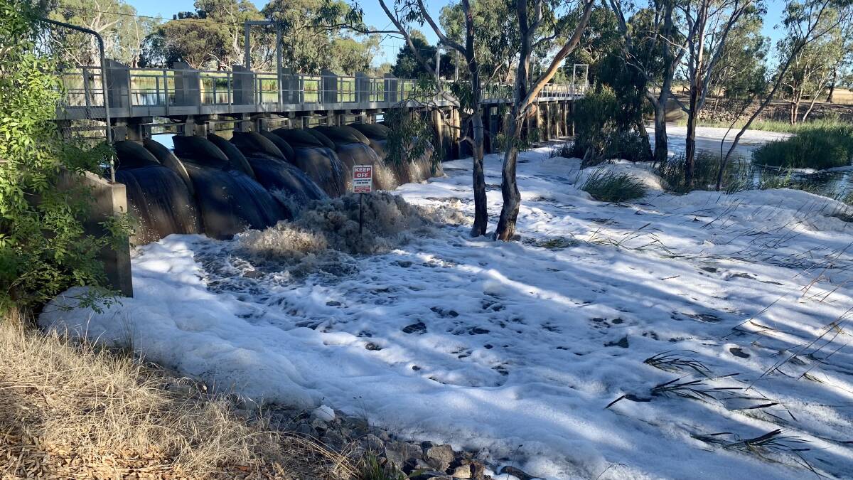 DOWN POUR: The Horsham Weir at Wimmera River still heavily flowing flushed water from last weeks rain. Picture: ALISON FOLETTA.