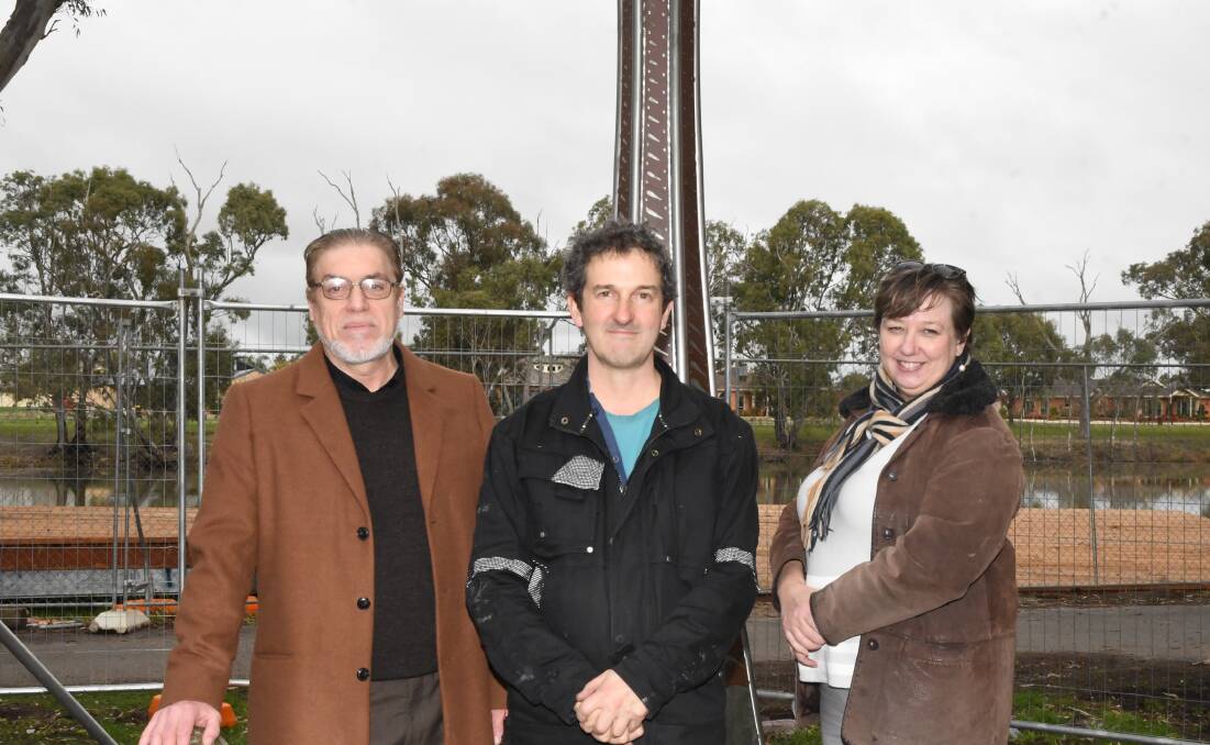 ACTIVATION: Horsham Rural City Council Engineering and Capital Projects manager Mazen Aldaghansti (left) with artist Alex Sanson and Project Office coordinator Dianna Blake. Picture: ALEX DALZIEL