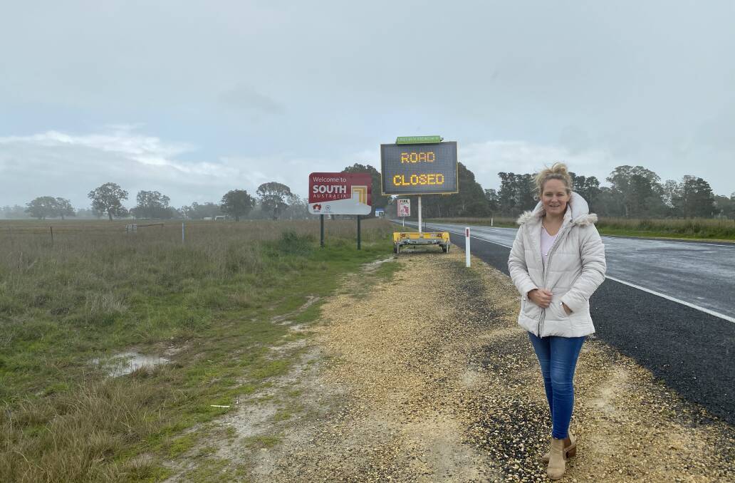 ROAD CLOSED: Paula Gust at the South Australia border during the first hard border in 2020. Picture: CONTRIBUTED