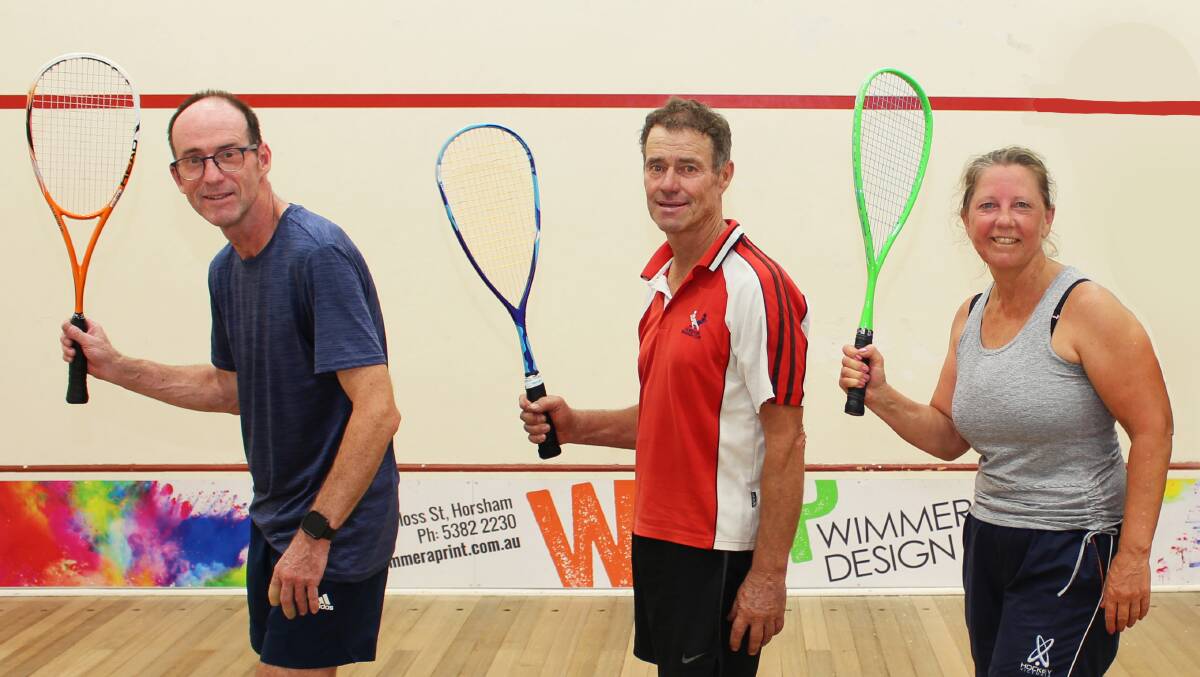 MASTERS: Horsham Squash Club members John ODwyer, Kevin McDonald and Launa Schilling are hoping to play the Victorian Masters tournament in Horsham. Picture: CONTRIBUTED
