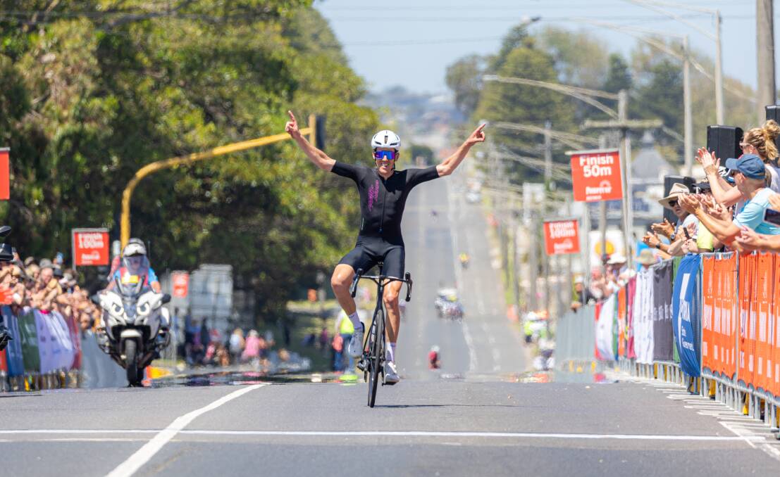 Mark O'Brien raises his hands in celebration as he crossed the line of the Powercor Melbourne to Warrnambool Cycling Classic. Picture by Eddie Guerrero