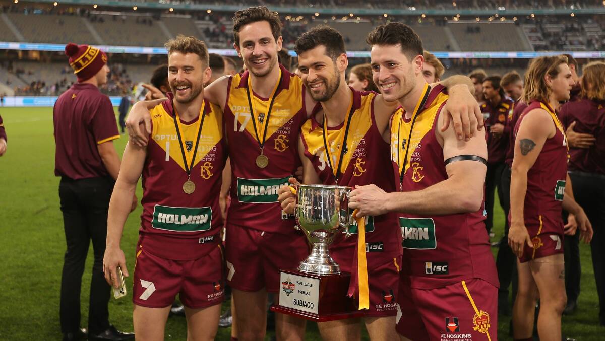 ANOTHER ONE: Former Minyip-Murtoa footballer Lachlan Delahunty (number 17) won his fifth WAFL flag with Subiaco on Saturday. Picture: JACK FOLEY PHOTOGRAPHY
