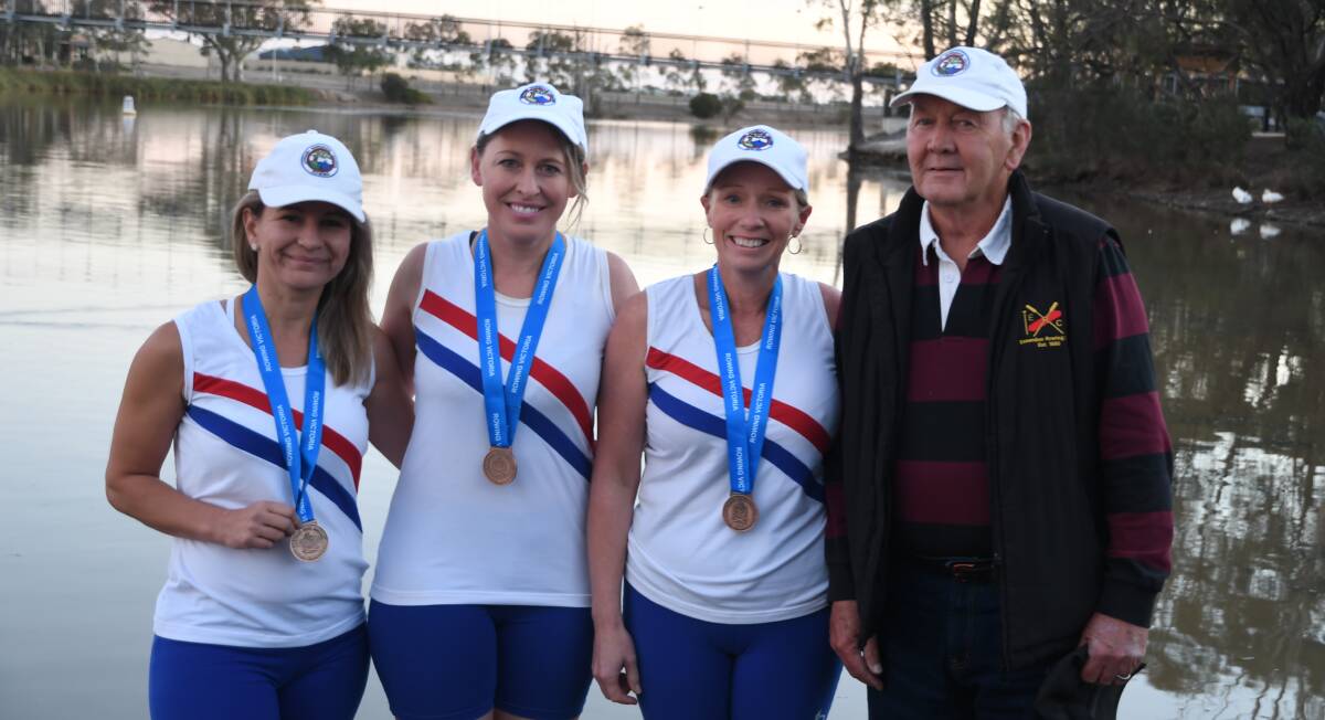 ALL SMILES: The bronze medal winning Horsham crew at the 2021 Rowing Victoria Masters State Championship Regatta in Nagambie. Picture: MATT HUGHES