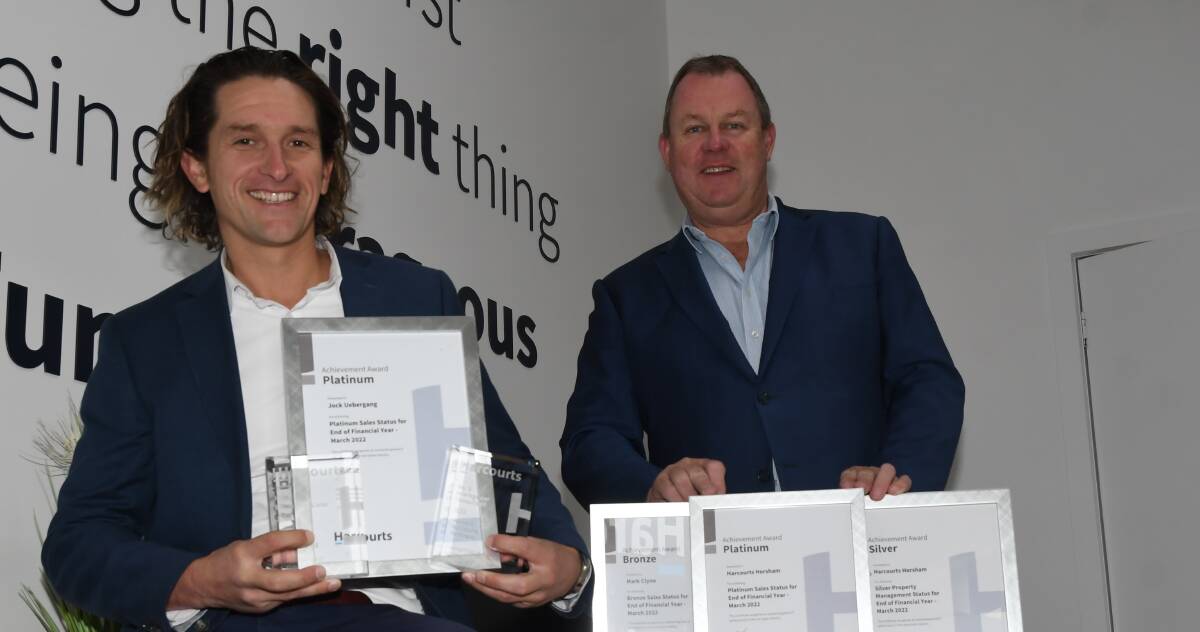 SMILES: Harcourts Horsham capped off a successful year with six national awards, including personal achievement awards for Jock Uebergang, left, and Mark Clyne. Picture: ALEX BLAIN