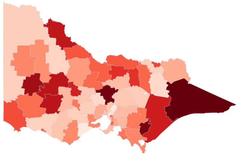 Family incidents including assault, sexual violence and child abuse are much more common in regional Victoria than in Melbourne (darker areas indicate a higher rate).