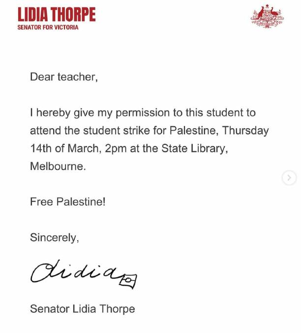 A permission letter from Senator Lidia Thorpe purporting to allow students to attend a pro-Palestine rally in Melbourne.