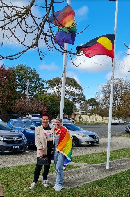 Deputy Mayor Ally Munari (left) was one of at least four councillors at the first rainbow flagraising at a Moorabool Council office. Picture by Gabrielle Hodson. 