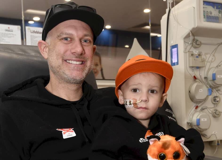 HOPE: Rodney and River Cambridge brought family and friends to the Ballarat Blood Donor Centre on Saturday, as the Myrniong boy fights leukaemia. Picture: Lachlan Bence. 