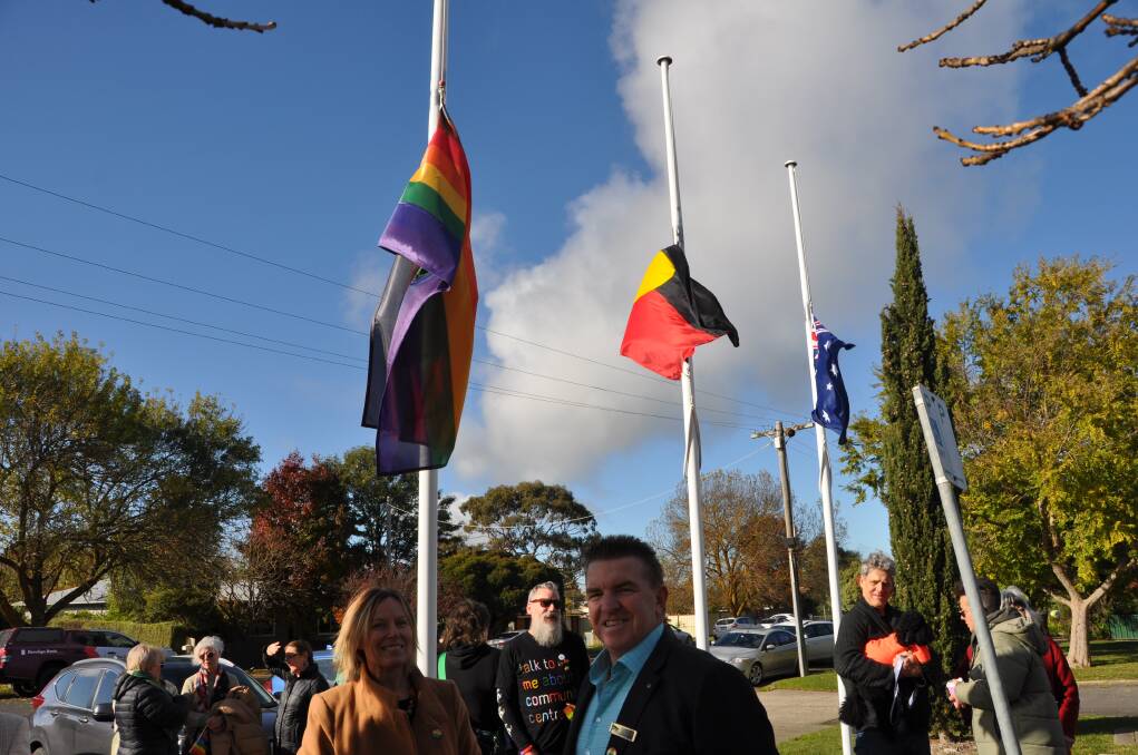 Moorabool Mayor Rod Ward was among more than 50 people at the first rainbow flagraising in Ballan. Picture by Gabrielle Hodson.