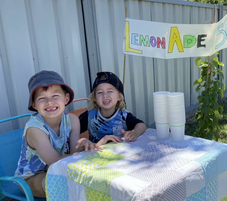 Jensen and Linc Pickering sold lemonade to raise money for Breast Cancer Research. Picture supplied.