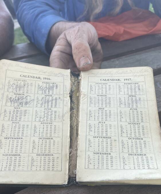 The diary of an Australian soldier, Ian James Whitty, who served with the Australian Forces on the Western Front in 1916, shows the stamped months of service and where he was stationed. Picture by Sheryl Lowe