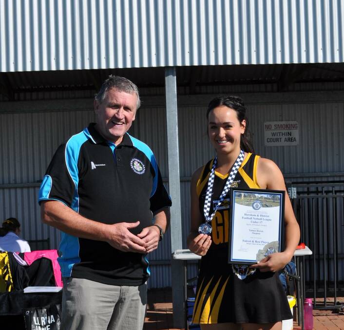 Pimpinio's Tahnee Brown was presented her Blue Ribbon Foundation Spirit of Netball award by foundation member Les Power. Picture supplied