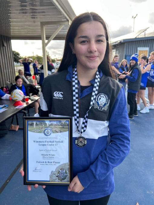Minyip Murtoa's Mikaela Wright was presented her Spirit of Netball award by Warracknabeal police officer Anna Lake. Picture supplied