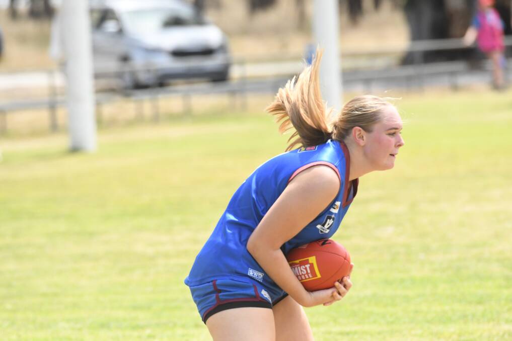 Tahlia Barnett controls a mark during the Horsham Demons' practice match against Lake Wendouree at Dock Lake Reserve on Sunday, February 18. Picture by Lucas Holmes