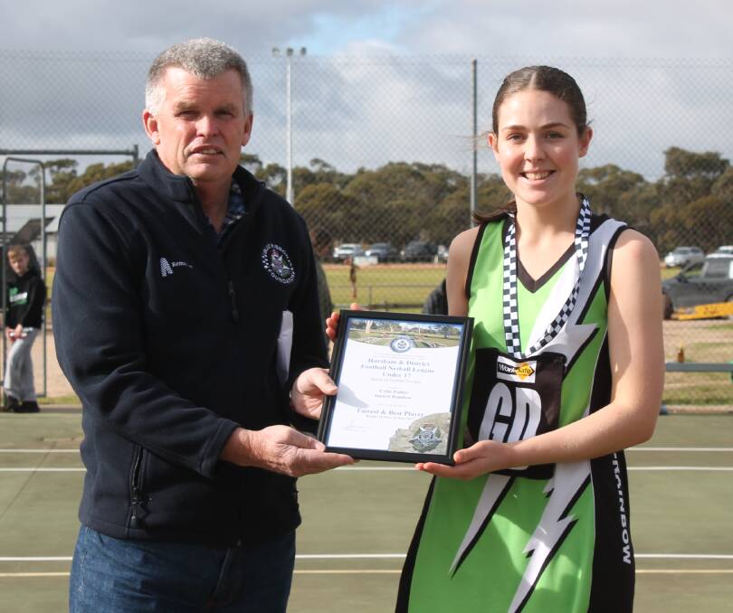Jeparit Rainbow 17 and Under netballer Celie Fuller was presented her Blue Ribbon Foundation Spirit of Netball award by Rainbow police officer, Leading Senior
Constable Tony Clark. Picture supplied