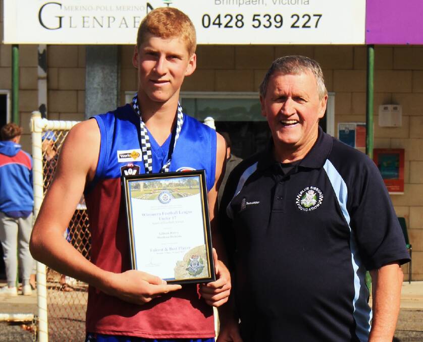 Horsham Demon Gibson Perry is presented his Blue Ribbon Foundation Spirit of Football award by foundation member Les Power. Picture supplied by Eliza McAnulty. 