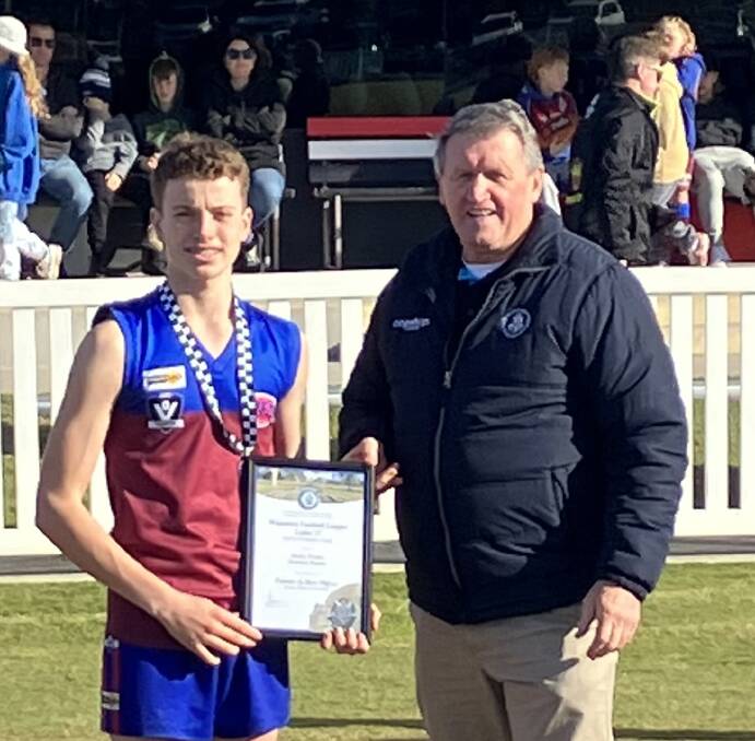 Horsham Demons Under 17s footballer Monty Wynne receives his Blue Ribbon Foundation Spirit of Football award by foundation member Les Power. Picture supplied
