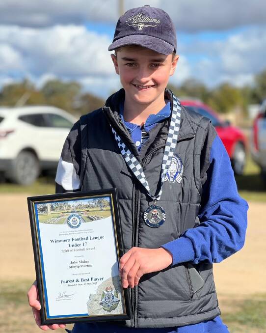 Minyip Murtoa's Jake Maher was presented a Blue Ribbon Foundation Spirit of Football award. Picture supplied