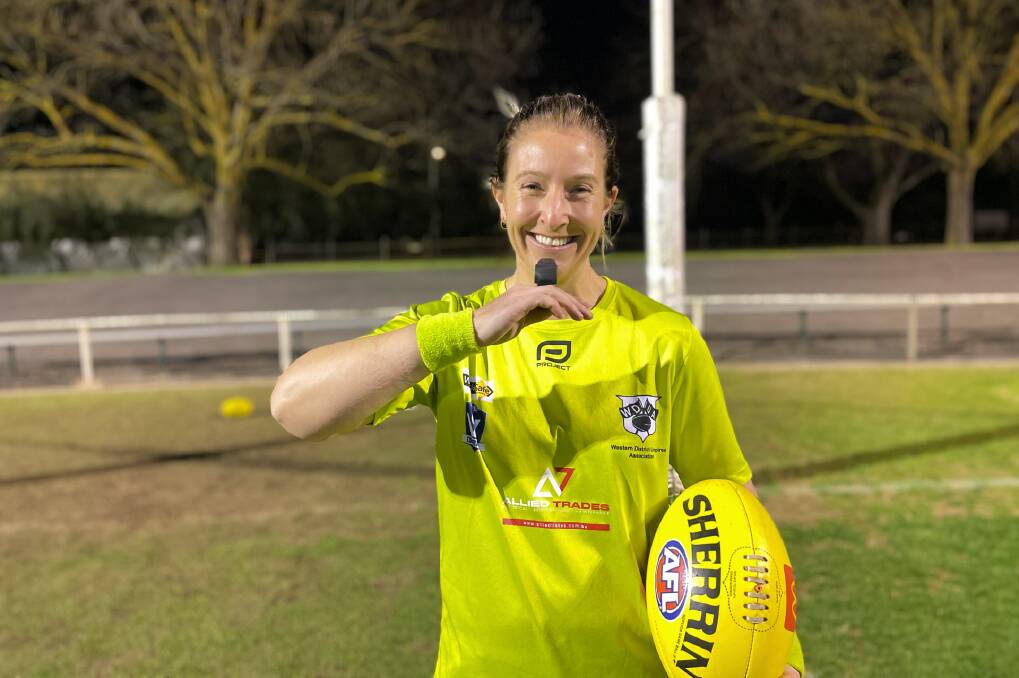 Horsham Demons footballer Bec Malseed became the the first female to officiate as a field umpire in a senior match for the Western and District Umpires association. Picture by Lucas Holmes.