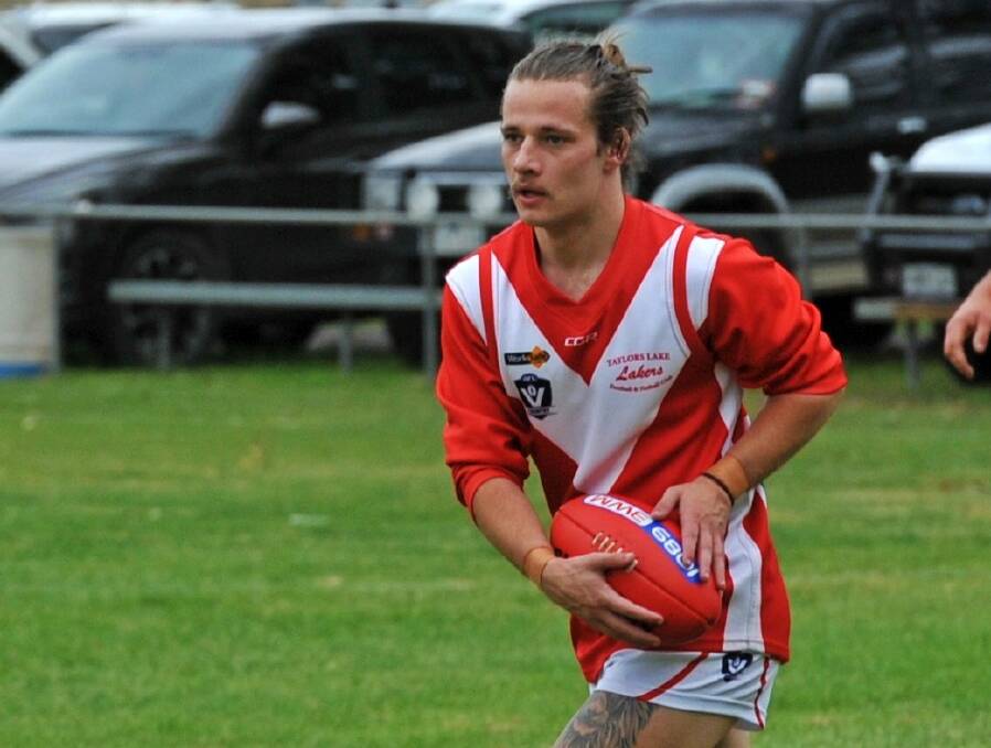 Matthew White playing for Taylors Lake at Dock Lake Recreation Reserve during the 2023 HDFNL. Picture by John Hall