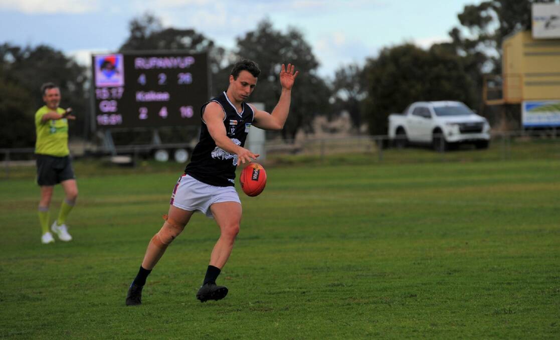 Rupanyup's Bill Hansen kicks against Kalkee at Rupanyup Recreation Reserve in round seven of the HDFNL on Saturday, May 20. Picture by John Hall
