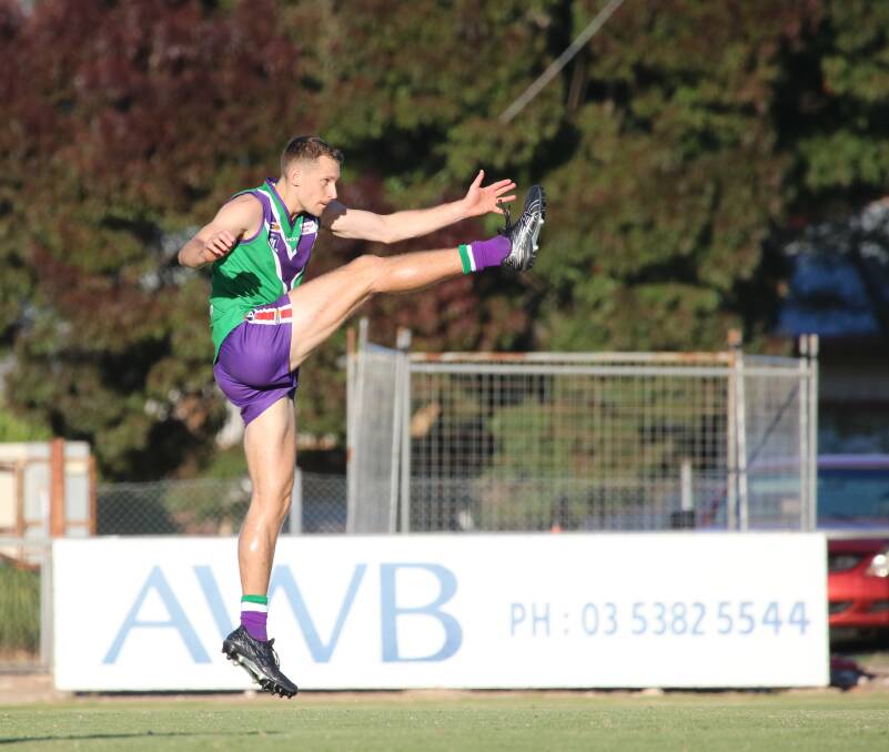 Star full-forward Ben Edwards nails one of his eight goals. Picture by Blake Lee