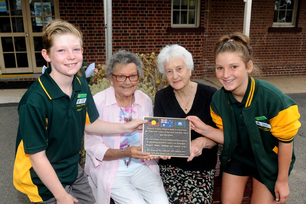 HISTORY: Dimboola Primary School captains Isaac Wren and Brook Ward with Aunty Nancy Harrison and Aunty Leila Harradine and the school's new plaque. Picture: SAMANTHA CAMARRI