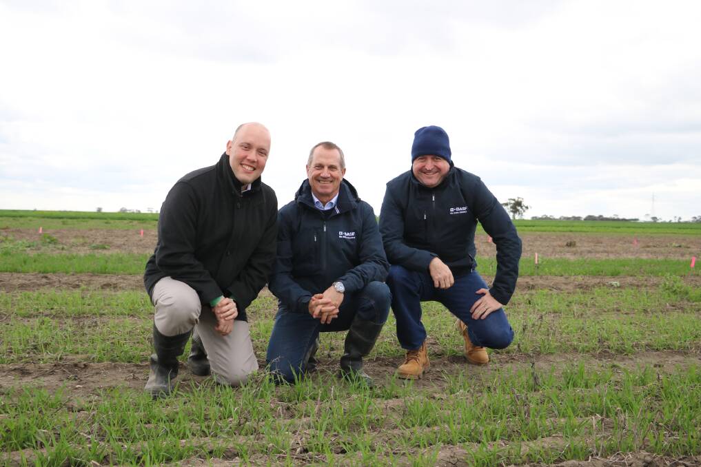 RESEARCH: BASF Agricultural Solutions' Gustavo Palerosi Carneiro, Gavin Jackson and Rob Hall at Longerenong last week.